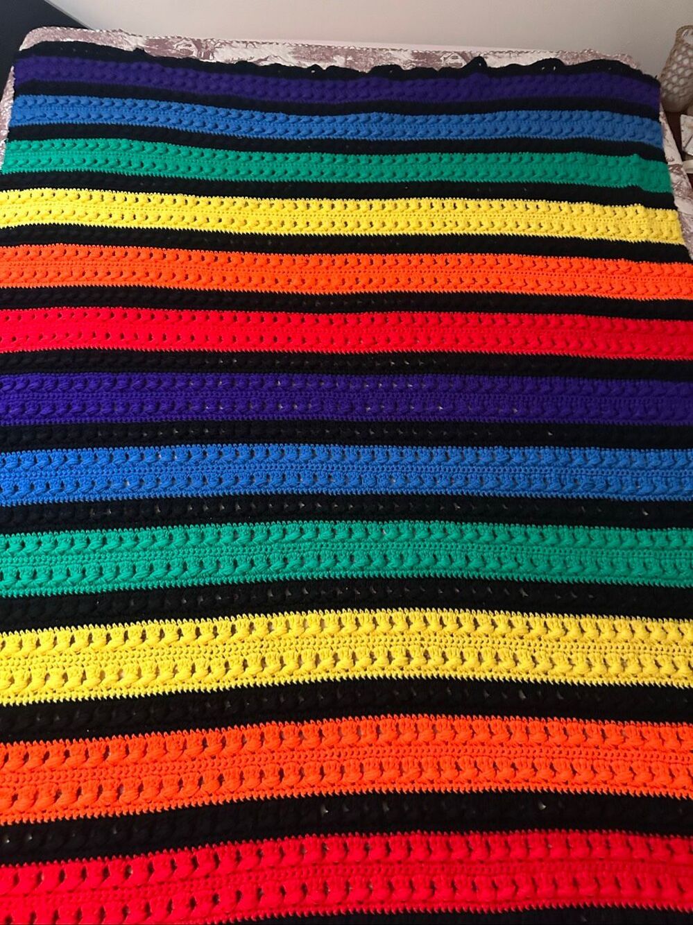 Handmade Colorful Rainbow Striped Crocheted Blanket 55.5" x 68"